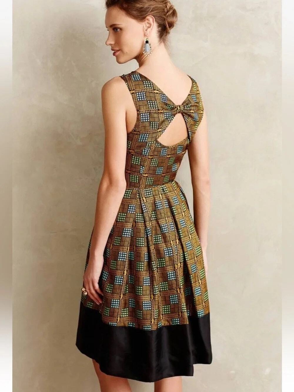 Anthro Girls From Savoy Kakum Dress Silk Bow Back Flare Geometric Black Size 14